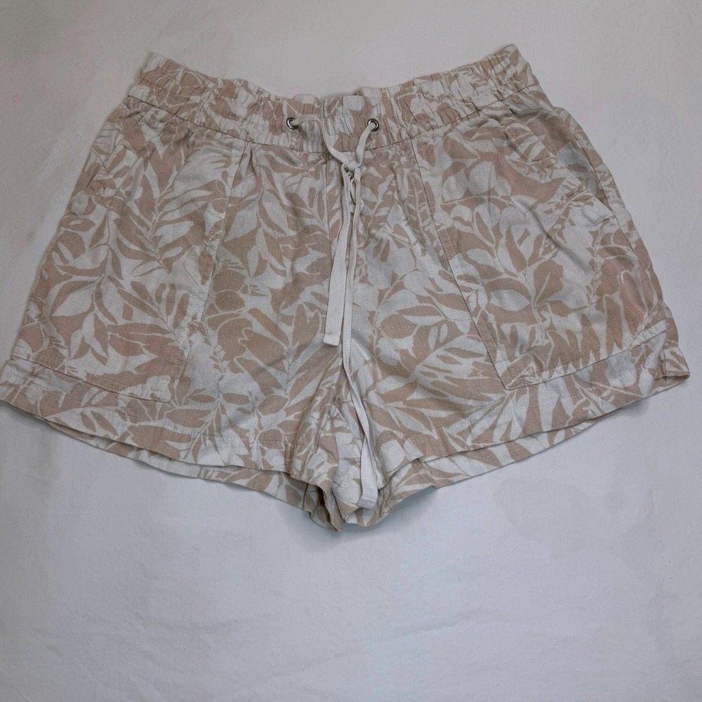 Gap Linen Blend Shorts Women Small Beige Leaf Print Excellent Drawstring Summer - Picture 2 of 4